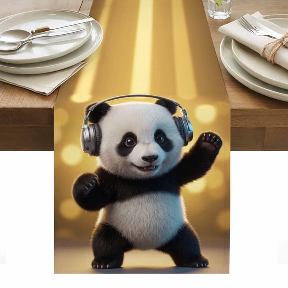 Panda Cotton Linen Table Runner Abstract Headphone Panda Shiny Light Background Dining Table Runners for Home Decor Party Dining Room Restaurant Kitchen Party 13" x 48"