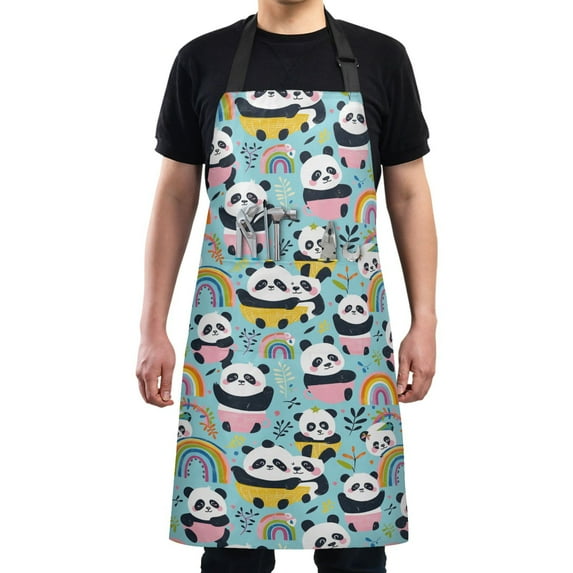 Panda Cup Rainbow Leaf Kitchen Apron with 2 Pockets Adjustable waterproof Cooking Aprons for Women Men Chef