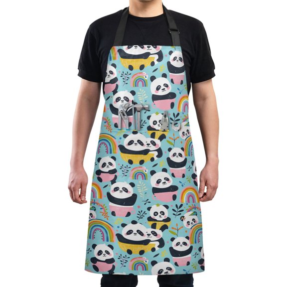 Panda Cup Rainbow Leaf Kitchen Apron with 2 Pockets Adjustable waterproof Cooking Aprons for Women Men Chef