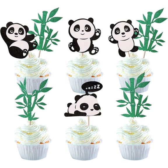 Panda Cupcake Toppers, Glitter Green Bamboo Picks, Cute Animal Bear Cake Decorations for Baby Shower, Kids Birthday Party, 12 Pack
