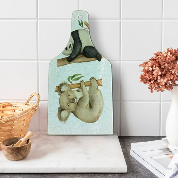 Panda Cutting Board, Koala and Panda Sitting on Trees Wild Life Tropics Habitat Woodland Illustration, Tempered Glass Cutting and Serving Board, Wine Bottle Shape, Beige Black, by Ambesonne