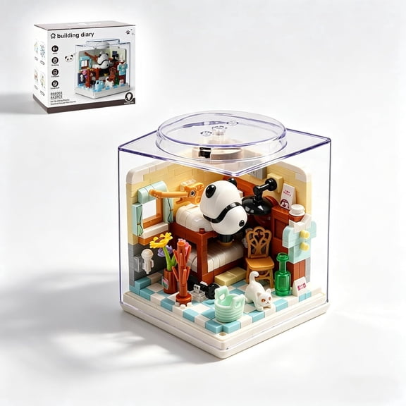 Panda Daily Life Micro Building Model Kits, with Transparent Dust Cover Led light, DIY Miniature Scene for Home Decor, Immersive Model Building Block for Adults & Teens,Panda Bedroom