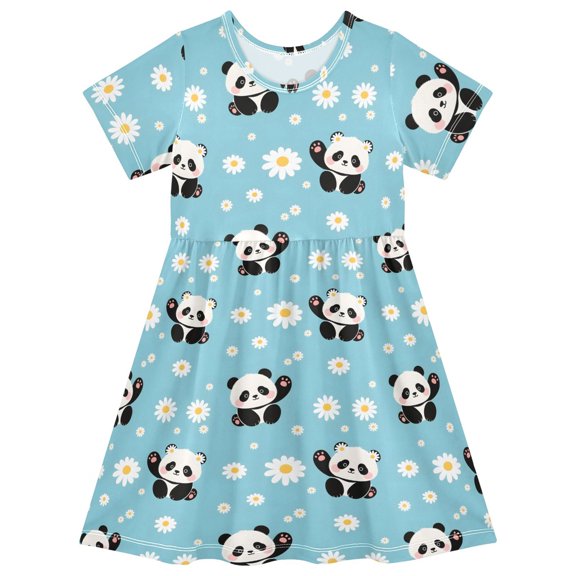 Panda Daisy Pattern Girls Short Sleeve Dress A Line Sun Protection Breathable Comfort Sundress 7-8T