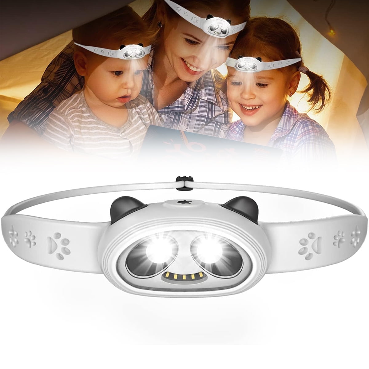 Panda Design Rechargeable LED Headlamp for Kids & Adults Waterproof, 6 Modes, 24H Battery, Adjustable & Comfortable for Camping, Fishing, Running, Reading(White)