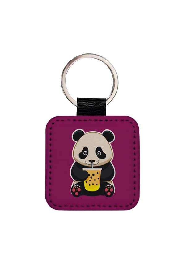 Panda Drinking Boba Bubble Tea Faux Leather Square Keychain