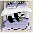 thumbnail image 1 of Panda Duvet Cover Set, Panda Bear Sleeping on Cloud in Starry Night Sky Cartoon Illustration Print, Decorative 3 Piece Bedding Set with 2 Pillow Shams, King Size, Lilac Black, by Ambesonne, 1 of 3