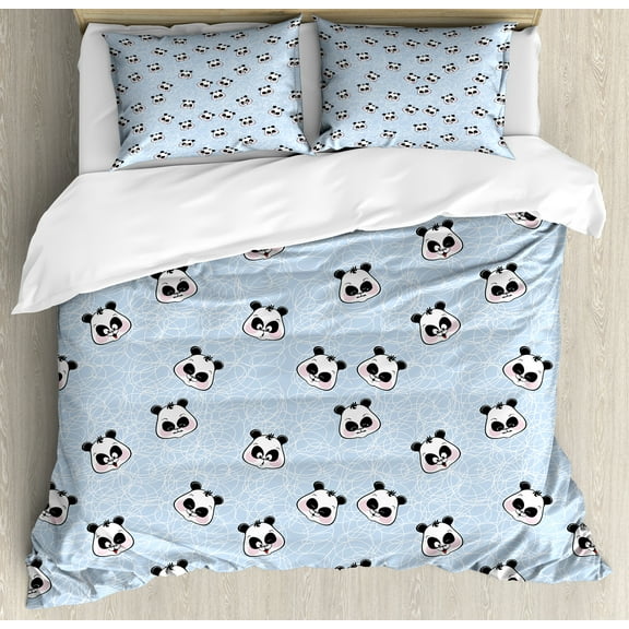 Panda Duvet Cover Set, Muzzles Panda Illustration with Happy Sad Funny Surprised Faces Different Expressions, Decorative 3 Piece Bedding Set with 2 Pillow Shams, Calking Size, Black Blue, by Ambesonne