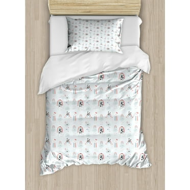 Panda Duvet Cover Set Twin Size, Doodle Style Cheerful Time Characters Unicorn Clouds Rain and Hearts Drawn by Hand, Decorative 2 Piece Bedding Set with 1 Pillow Sham, Multicolor, by Ambesonne