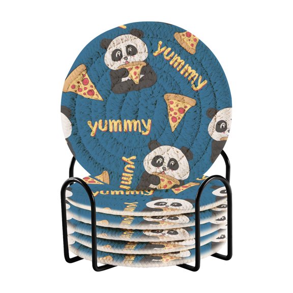 Panda Eating Pizza Pattern Bar Coasters 6 Pack Braided Coasters with Holder Absorbent Heat Resistant