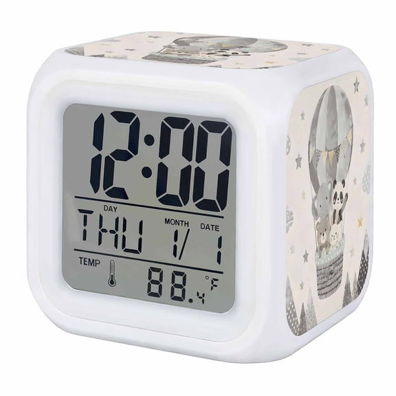 Panda Elephant Digital Alarm Clock for Bedrooms,Smart LED Alarm Clock with 7 Color Changing Night Light,Cartoon Grey Hot Air Balloons Bear Rabbit Silent Wake Up Clocks for Sleep Study 3.2"x3.2"