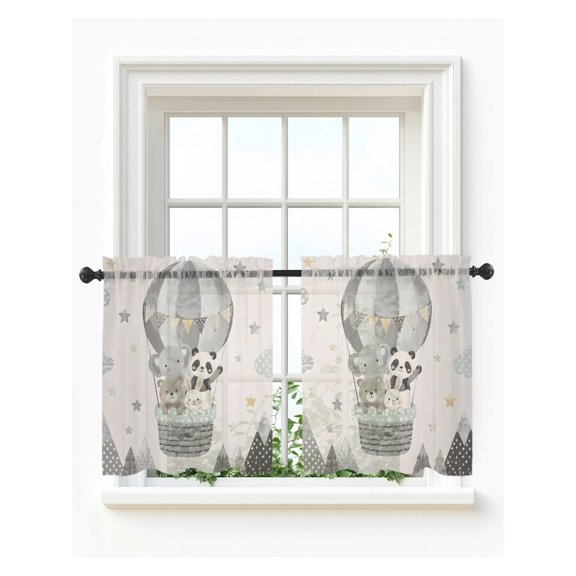 Panda Elephant Tier Curtains 24 Inch Length,Sheer Curtains for Bedroom Living Room Cartoon Grey Hot Air Balloons Bear Rabbit Short Kitchen Curtains Drapes for Small Half Window 27.5"x24" 2 Panels