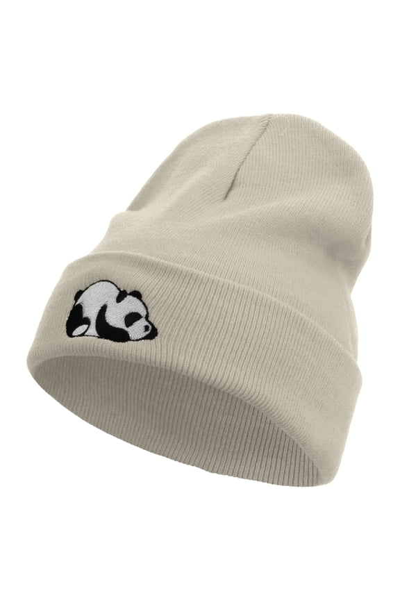 Panda Embroidered 12 Inch Long Knitted Beanie - Birch OSFM