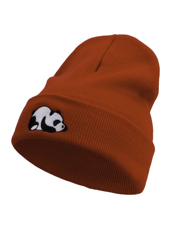 Panda Embroidered 12 Inch Long Knitted Beanie - Red OSFM