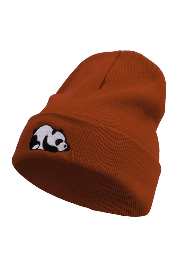 Panda Embroidered 12 Inch Long Knitted Beanie - Red OSFM