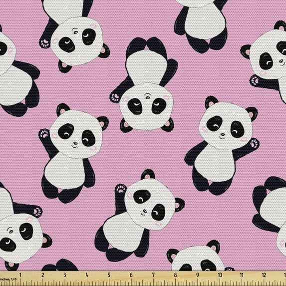 Ambesonne Panda Fabric by the Yard Upholstery, Waving Greeting Animal, 2 Yards, Pale Pink Charcoal Grey