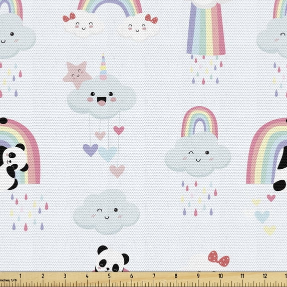 Ambesonne Panda Fabric by the Yard Upholstery, Unicorn Clouds Rain Hearts, 5 Yards, Multicolor