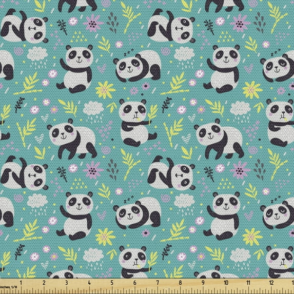 Ambesonne Panda Fabric by the Yard Upholstery, Animals Flowers Art, 1 Yard, Dark Seafoam Multicolor