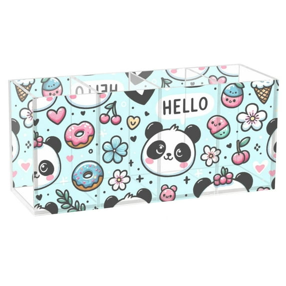 Panda Face Flower Doughnut Acrylic Pencil Pen Holder Cup 4 Compartments Desktop Organiser 7.87"x2.78"x3.54"