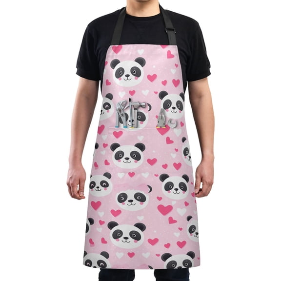Panda Face and Heart Kitchen Apron with 2 Pockets Adjustable waterproof Cooking Aprons for Women Men Chef