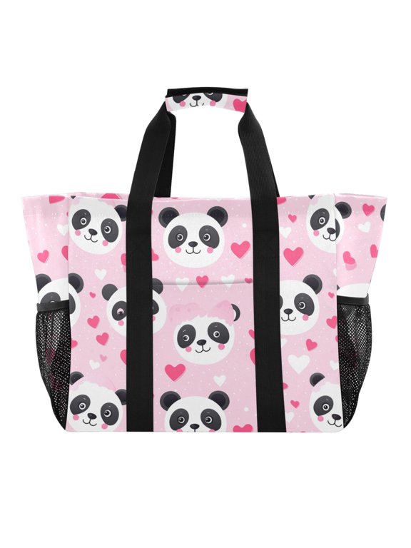 Panda Face and Heart Reusable Grocery Bags with Handle Side Pocket Waterproof Shopping Portable Tote