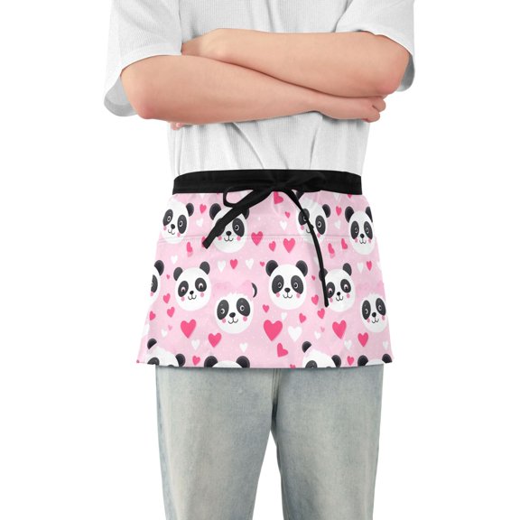 Panda Face and Heart Server Apron with 3 Pockets Waterproof Waitress Waist Short Apron for Man Woman 12 Inches