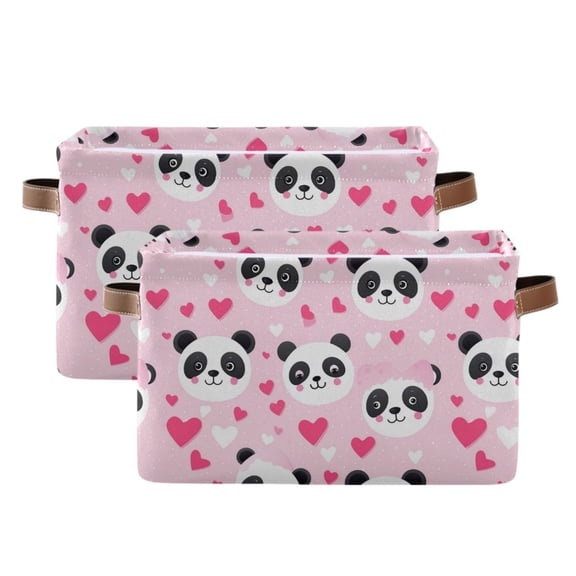 Panda Face and Heart Storage Bins with Handle Fabric Organizer Basket Foldable Box 2 Pack 14.2x10.2x8.3