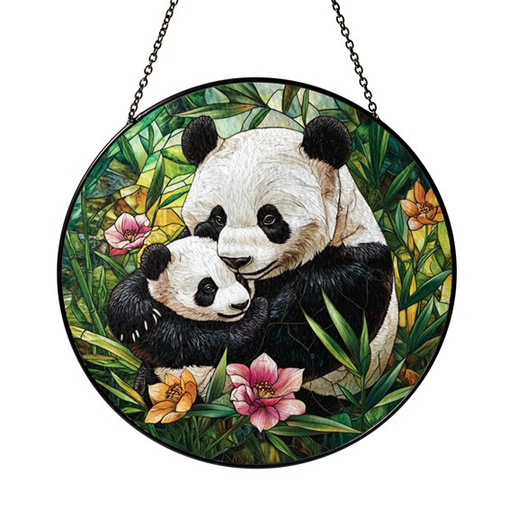 Panda Family Circular Window Panel with Stained Glass Effect, Decorative Wildlife Window Art