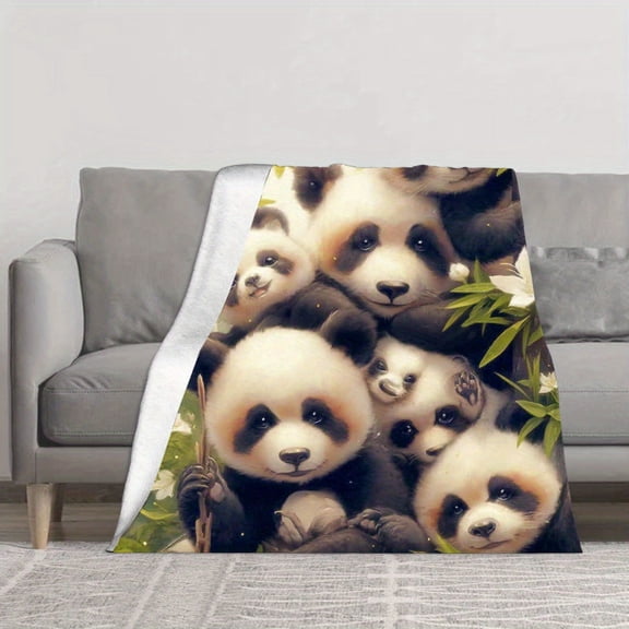 Panda Family Flannel Throw Blanket - Soft Cozy All-Season Cute Panda Forest Print, Retro Polyester Blanket for Couch Bed Travel Camping, Machine Washable Gift for Home Decor Outdoor