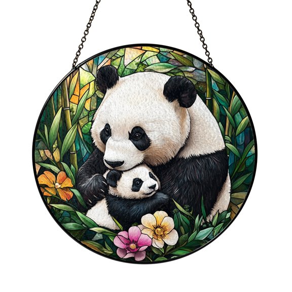 Panda Family Stained Glass Style Panel, Wildlife Scene Decorative Circular Window Art