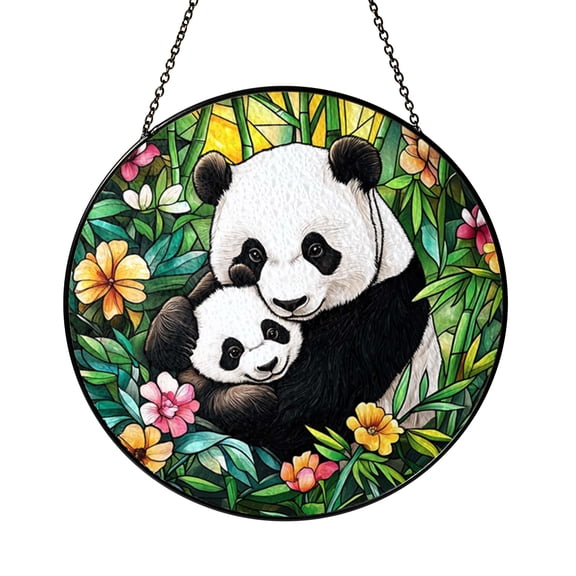 Panda Family Window Panel with Stained Glass Look, Home Wildlife Window Decor