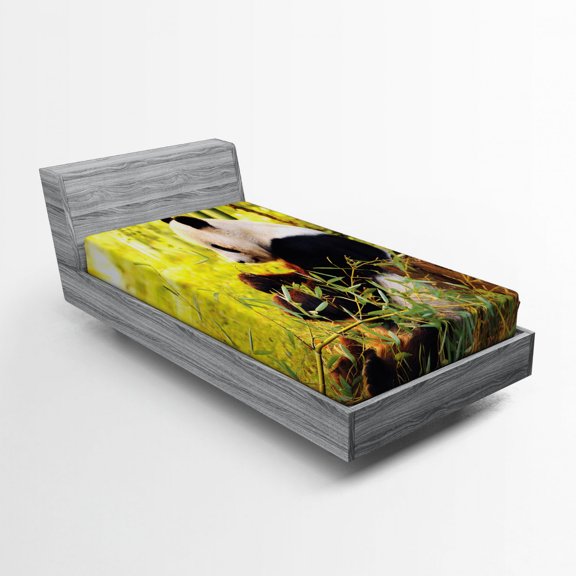 Ambesonne Animal Fitted Sheet, Panda Sitting in Forest, Twin XL Size, Black Green