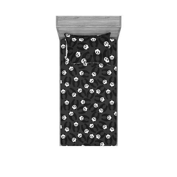 Panda Fitted Sheet & Pillow Sham Set, Wild Nature Asian Inspired Simple Design Monochrome Bear Pattern Boho Art, Decorative Printed 2 Piece Bedding Decor, Twinxl, Charcoal Grey White, by Ambesonne