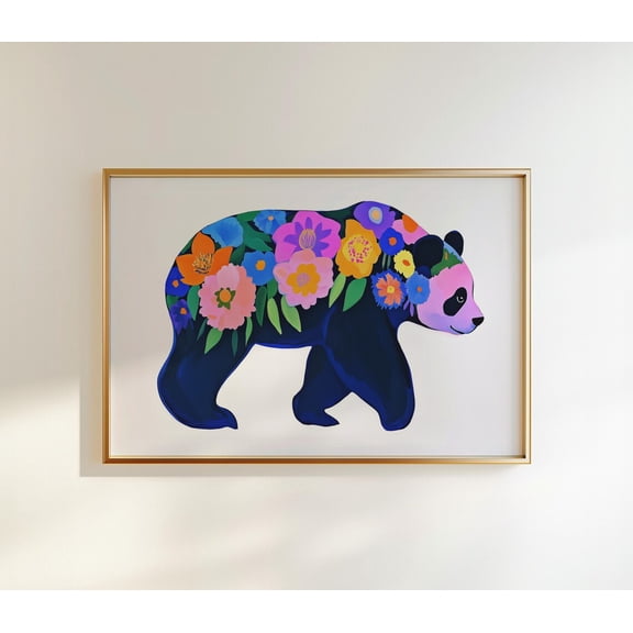 Panda Floral Art Print, Colorful Chinoiserie Decor, Unframed Paper Poster 8x10in