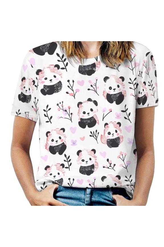 Panda Floral Pattern Women's T-Shirt Short Sleeve T Shirts Tops Tee Ladies Loose T