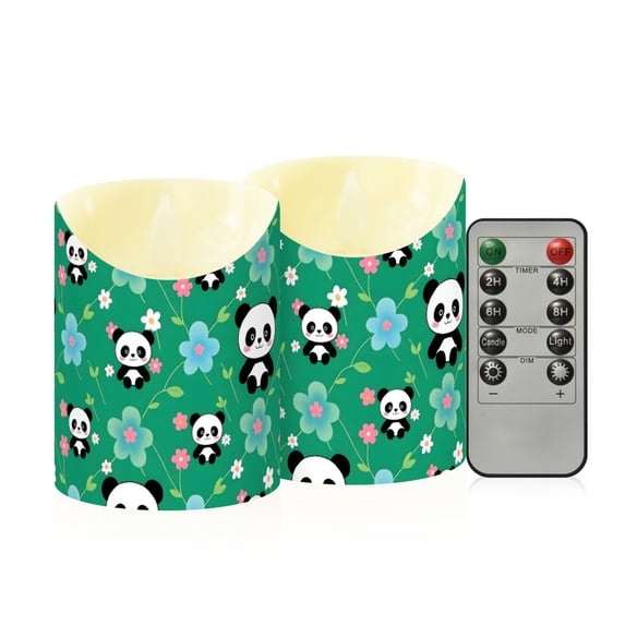 Panda Flower Pattern Flameless Candles 2 PCS with Remote Realistic Moving Flame LED Tapered Pillar Set for Home Decor