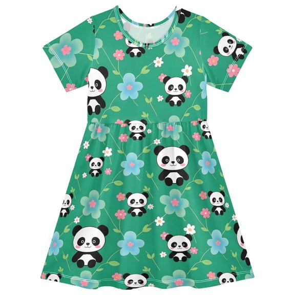 Panda Flower Pattern Girls Short Sleeve Dress A Line Sun Protection Breathable Comfort Sundress 2T