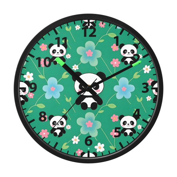 Panda Flower Pattern Wall Clock 12 Inch Voice Activated Night Light Silent Non Ticking