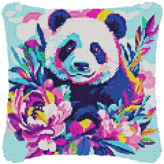 Panda & Flowers Cross-Stitch Pillow DIY Kit Fully Openable Zipper Design Pillowcase 11CT Counted Needlepoint Handmade Cushion Pre-Printed Pattern Eco-friendly Cotton and Linen 45x45cm
