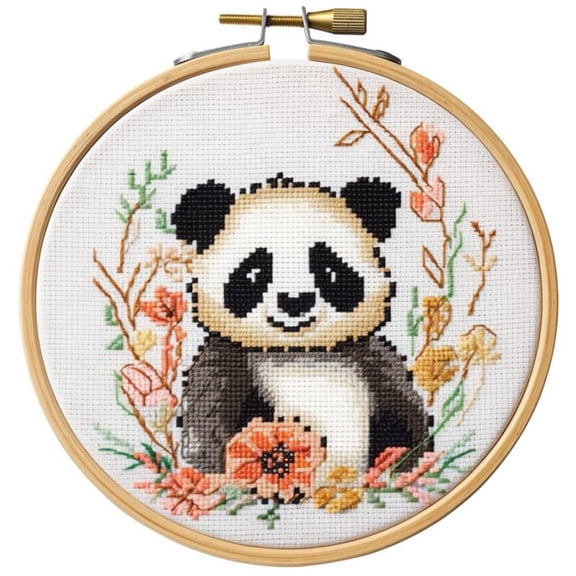 Panda & Flowers Starter Easy Cross Stitch Kits Color Stamped Embroidery Kits DIY 11CT Stamped Patterns Embroidery Needlework Kit Supplies 12 Inch Hoop Included(et-90)