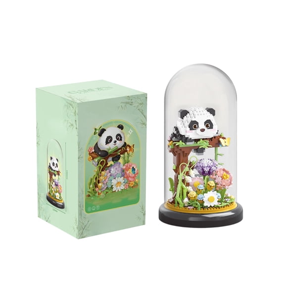 Panda Garden Building Block Set with Dust Cover, 999Pcs Animal Floral Display, Zen Botanical Desktop Decor Model Kit