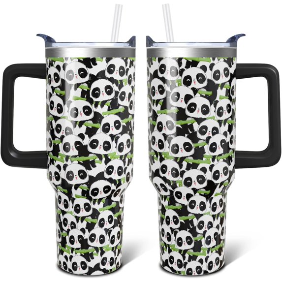 Panda Gifts 40 Oz Tumbler with Handle and Lid Straw, Cute Panda Bear Stainless Steel Double Walled Vacuum Insulated Cup, Animal Lover Birthday Gifts for Women Men