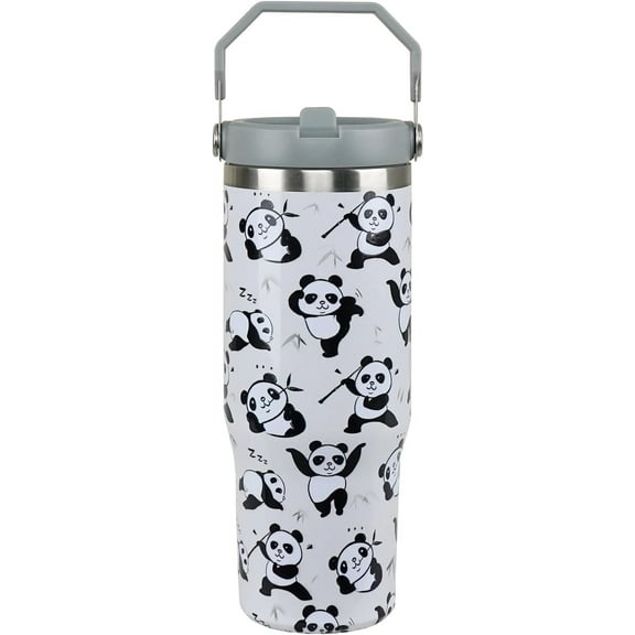 30oz Insulated Panda Tumbler with Handle & Flip Straw - Stainless Steel Vacuum Cup | Panda Lover Gift