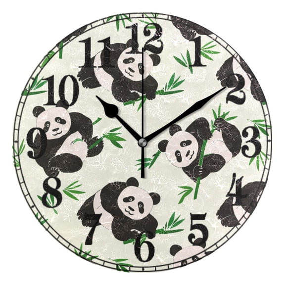 Panda Green Leaves Silent Wall Clock 10" Non-Ticking Battery Clock