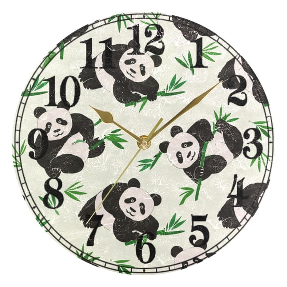Panda Green Leaves Silent Wall Clock 10" Non-Ticking Battery Clock