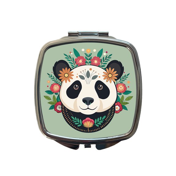 Panda Head Floral Flowers Travel Makeup Handbag Purse Small Pocket Compact Mirror