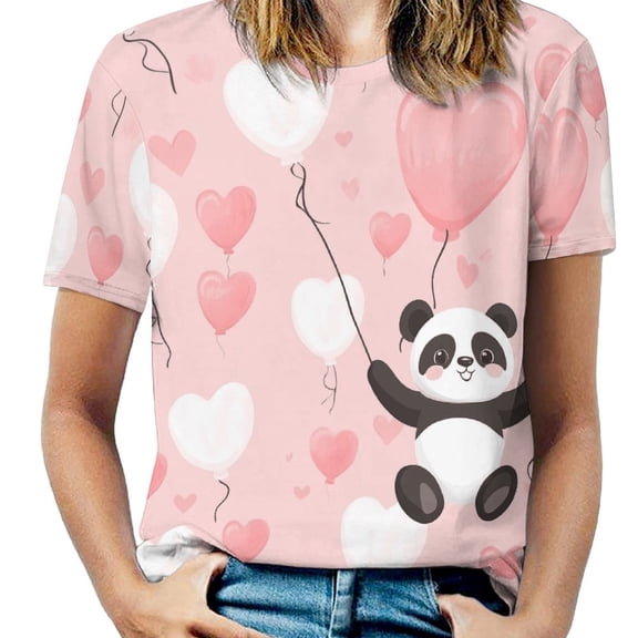 Panda Heart Balloons Pink Women's T-Shirt Short Sleeve T Shirts Tops Tee Ladies Loose T