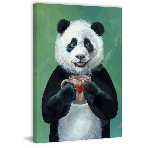 Panda Heart Mug Painting Print on Wrapped Canvas