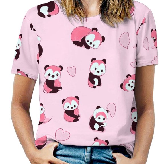 Panda Hearts Pink Pattern Women's Short Sleeve Tops Casual Blouses T Shirt