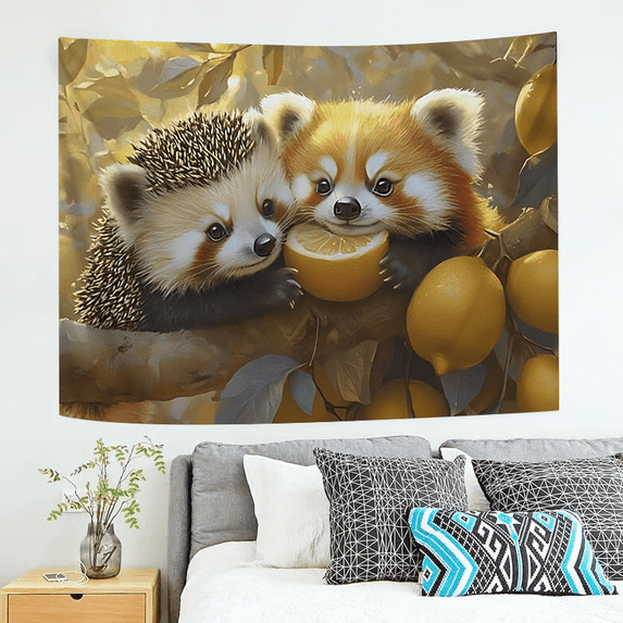 Panda and Hedgehog Tapestry - Adorable Animals Design & Durable Polyester Wall Tapestry, Lightweight & Easy to Install, Perfect Themed Decor for Living Room, Bedroom, Office Room Decoration 37*29inch