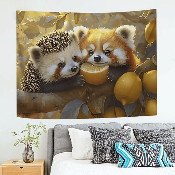 Panda and Hedgehog Tapestry - Adorable Animals Design & Durable Polyester Wall Tapestry, Lightweight & Easy to Install, Perfect Themed Decor for Living Room, Bedroom, Office Room Decoration 91*71inch
